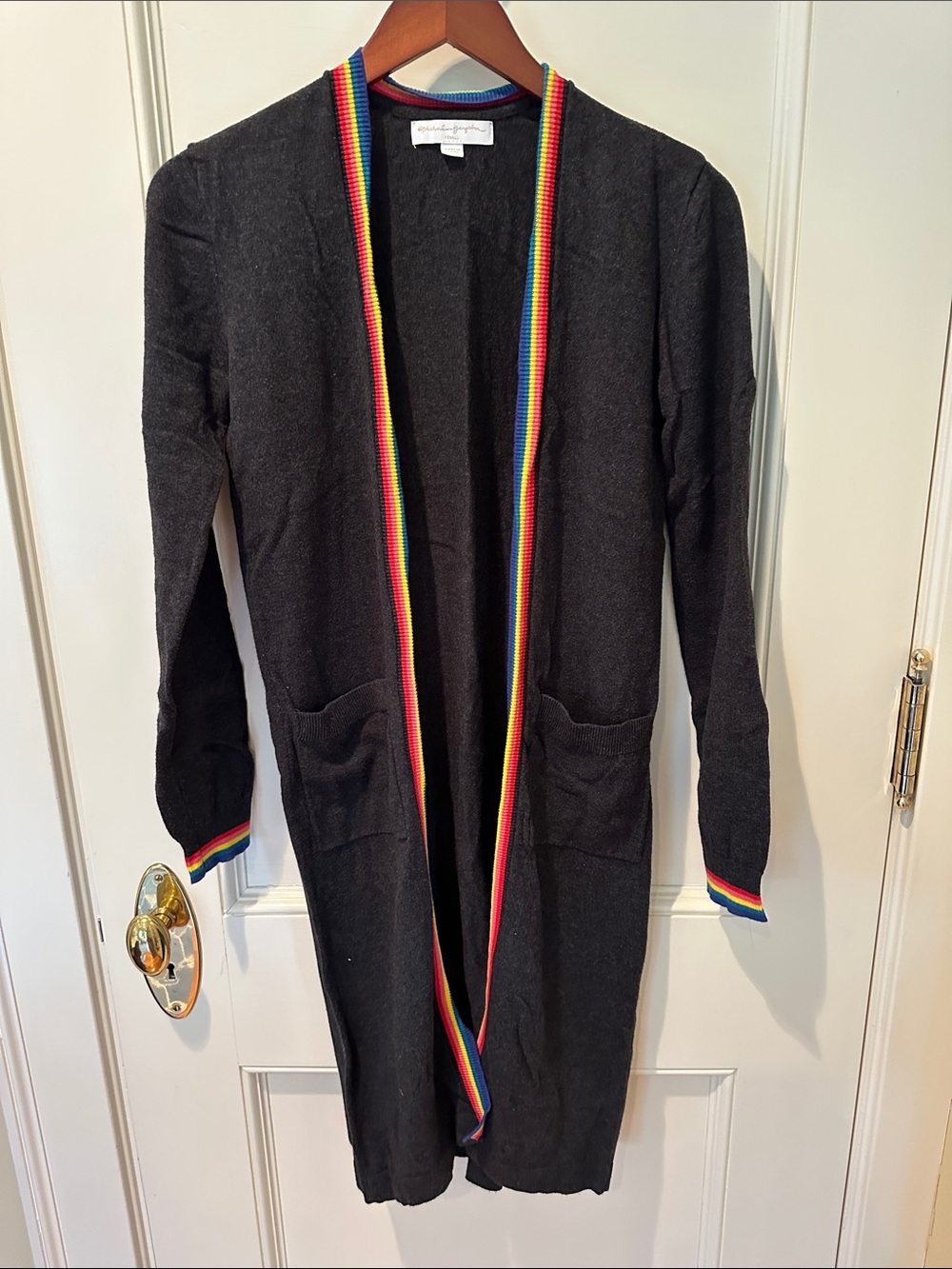 Spiritual Gangster Dark Gray Long Cardigan with Rainbow Trim SZ XS